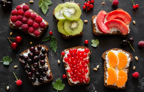 Berries, bread, fruit, toast, sandwiches