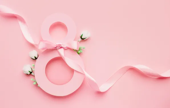 Flowers, roses, figure, tape, happy, pink background, March 8, pink