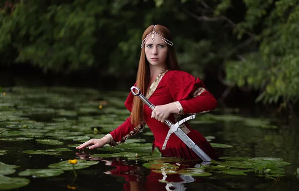 Picture look, girl, pond, style, sword, warrior, red dress, Princess