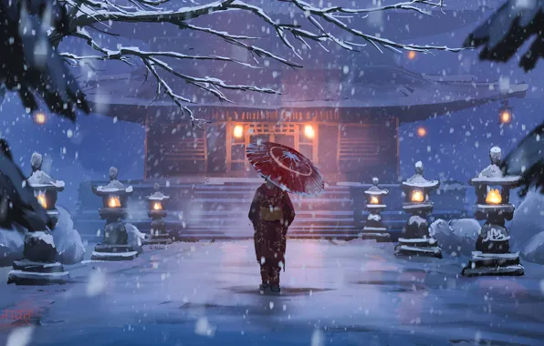 Winter, temple, winter, temple, tree branches, light lantern, girl with umbrella, a solitary figure