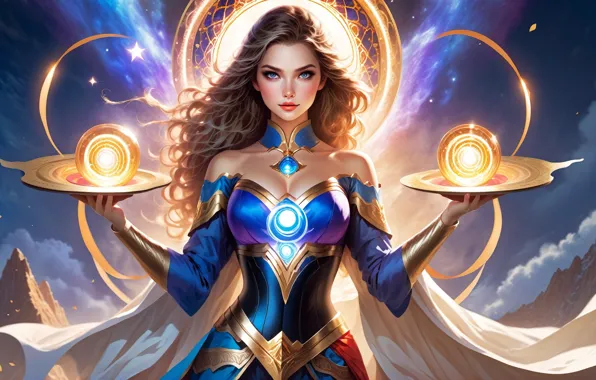 Magic, cleavage, long hair, wings, clouds, angel, women, digital art