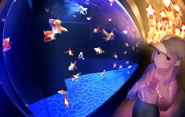 Fish, aquarium, girl