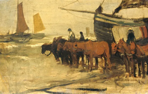 Oil, picture, Anton Mauve, Towing at Sea Fishing Boats