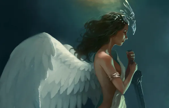 Girl, wings, angel, sword, crown, art, fabric, bracelet