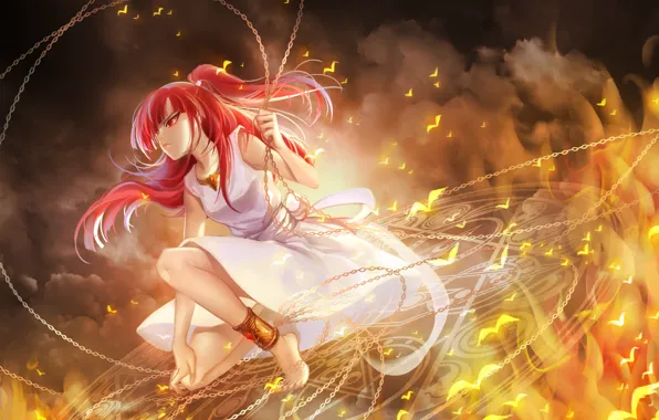 Picture girl, birds, fire, smoke, anime, art, chain, magi the labyrinth of magic