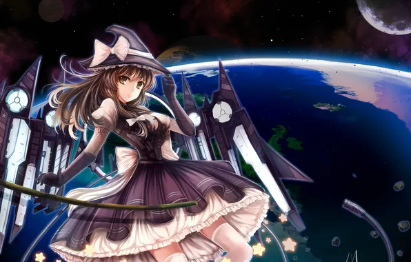 Girl, space, stars, earth, the moon, planet, hat, art