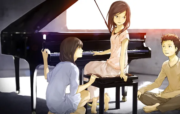 Picture children, boy, piano, piano, Girls, the conversation, guys, discussion
