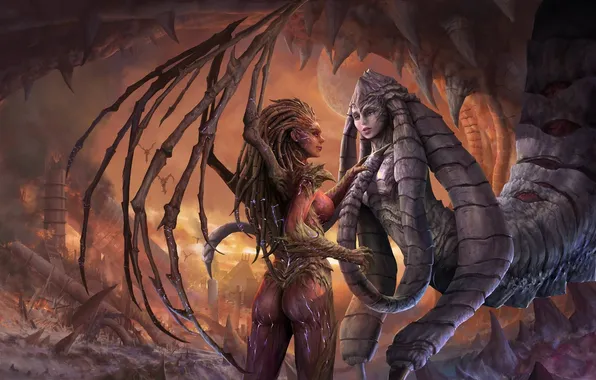 Picture girls, wings, ruins, starcraft 2, fanart, Kerrigan, queen of blades, Izsha