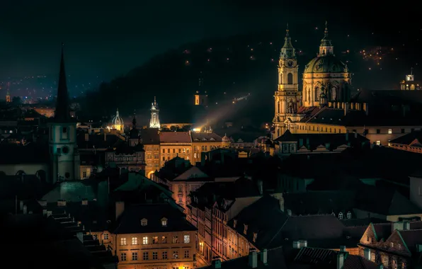 Night, lights, Prague, old town, Church. Nicholas