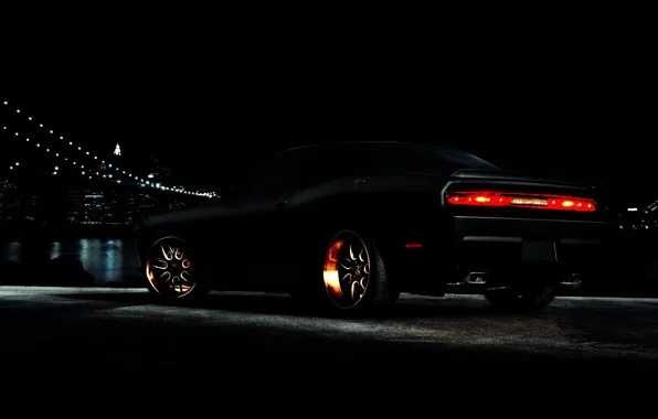 Picture machine, night, the city, black, lights, wheel, black background, Dodge Challenger