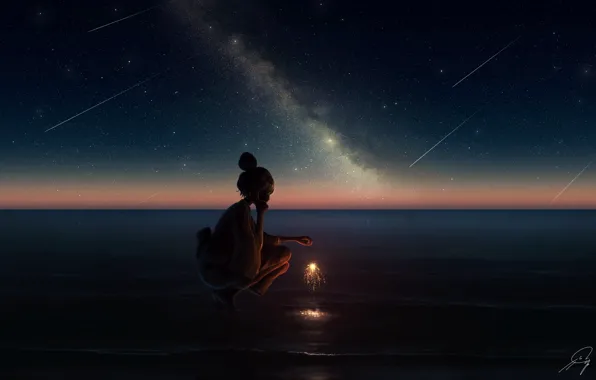 Picture sea, girl, night, Sparkler