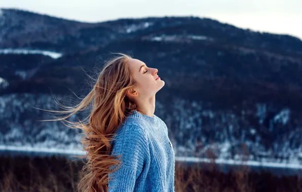 Picture winter, girl, nature, the wind, hills, hair, blonde, sweater