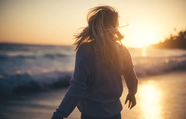 Beach, girl, sunset