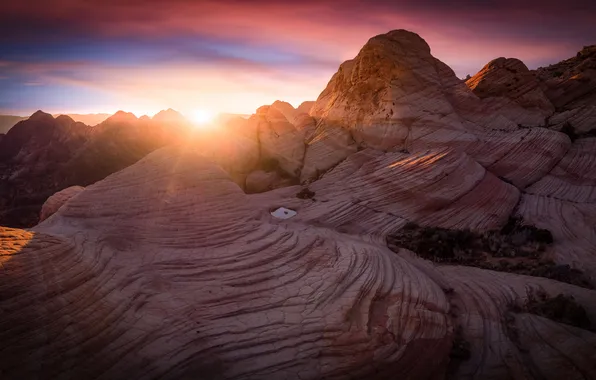 The sun, clouds, rays, mountains, strip, rocks, dawn, morning