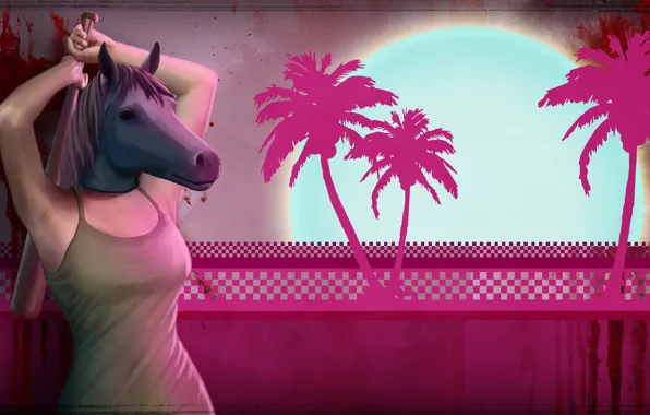 Palm trees, blood, horse, mask, bit, Hotline Miami