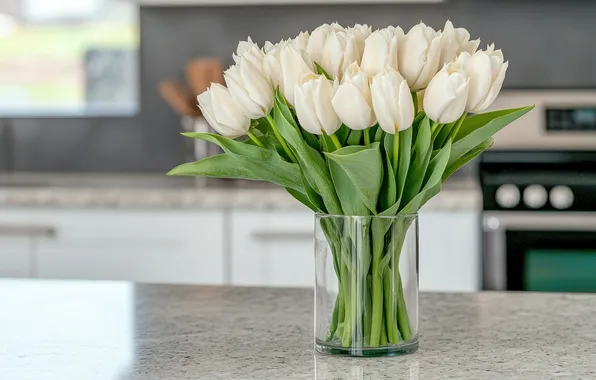 Flowers, table, bouquet, spring, kitchen, tulips, vase, white