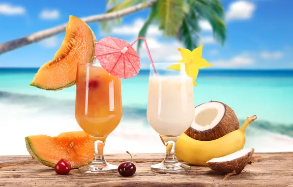 Summer, cherry, stay, coconut, glasses, juice, fruit, banana