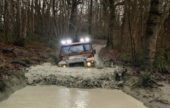 Picture water, dirt, SUV, Land Rover, Defender, ditch, V8, 5.0 L.