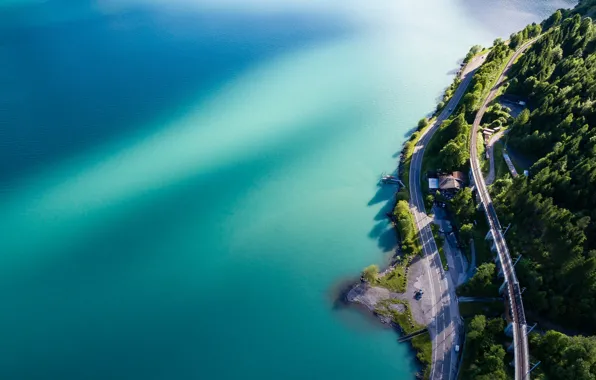 Picture road, trees, Aerial photo of ocean, aerial photography of the ocean, water, trees, water, road