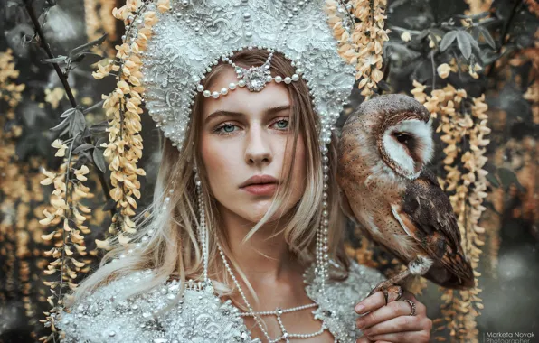 Picture look, girl, face, style, mood, owl, bird, beads