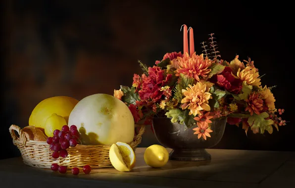 Light, flowers, the dark background, table, bouquet, candles, grapes, pumpkin