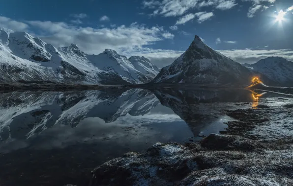 Islands, light, snow, mountains, lake, the moon, Norway, Lofoten