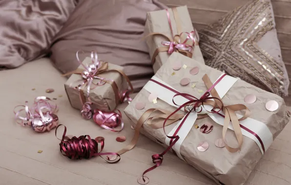 Tape, pillow, Christmas, gifts, New year, bows, serpentine, box