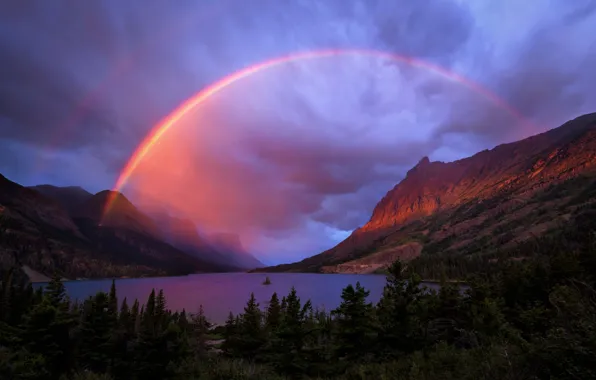 Picture forest, mountains, nature, lake, river, rainbow