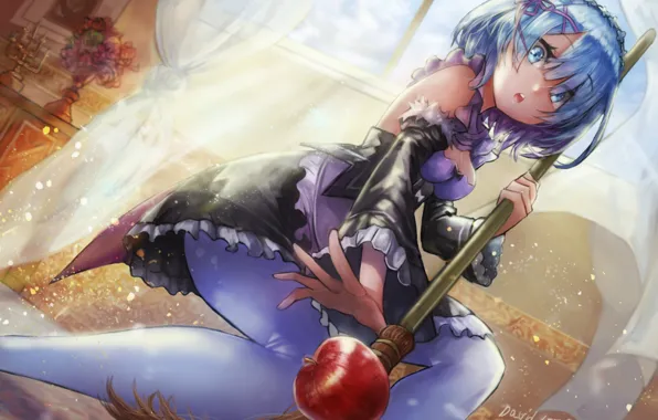 Room, Apple, window, curtains, broom, blue hair, Rem, Re Life in the alternative world from …