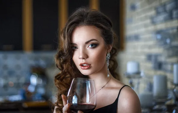 Girl, decoration, wine, glass, earrings, makeup, brown hair, curls