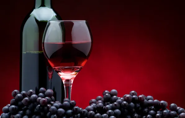 Picture glass, the dark background, wine, red, glass, bottle, grapes