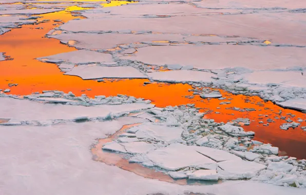 Ice, sunset, reflection, the ocean, glow, Antarctica