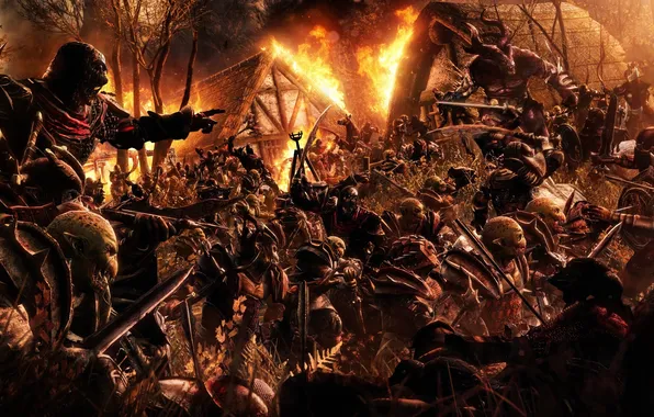 Picture night, house, weapons, fire, village, monsters, soldiers, attack