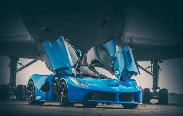 Picture Ferrari, Blue, Front, Supercar, LaFerrari, Plane, Doors, Runway