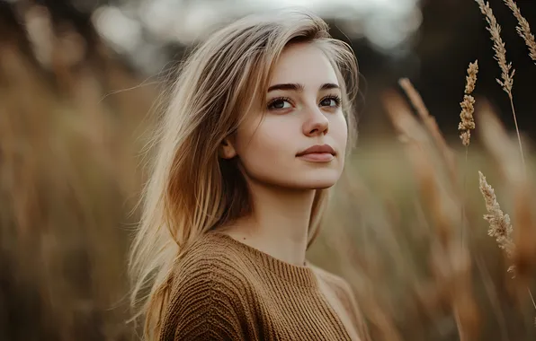 Field, look, girl, nature, face, pose, smile, portrait