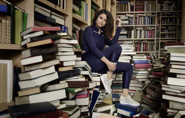 Look, girl, pose, photo, books, Puma, Selena Gomez