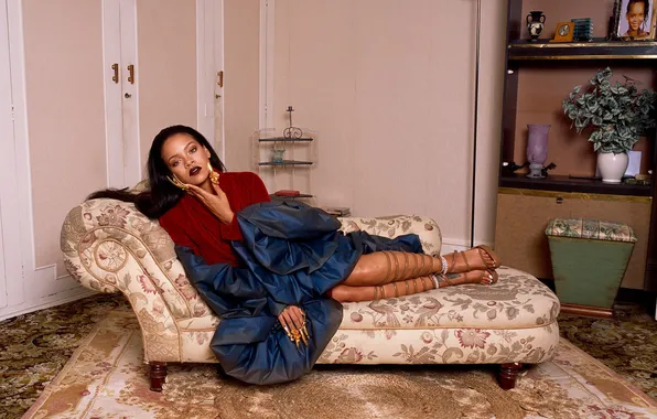 Look, decoration, portrait, brunette, lies, singer, Rihanna, legs