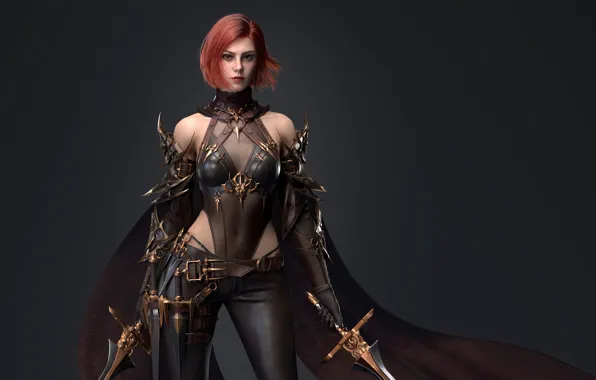 The dark background, weapons, beauty, armor, red hair, warrior, red eyes, armor