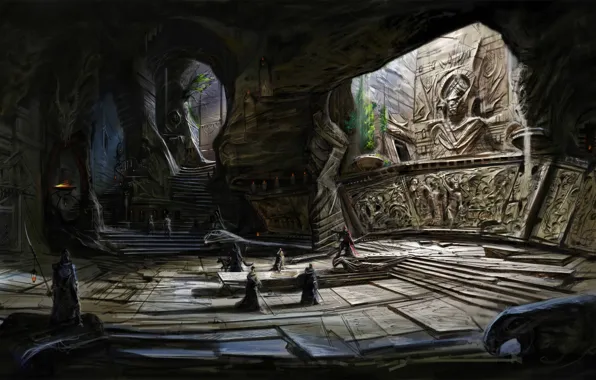 People, stage, temple, cave, Skyrim, concept art, The Elder Scrolls V