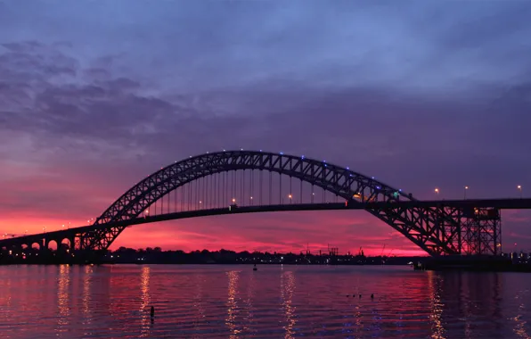 The sky, sunset, clouds, bridge, lights, reflection, river, the evening