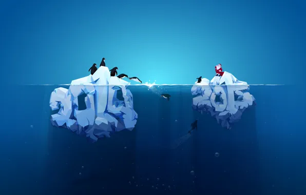New year, penguins, iceberg, 2014, 2015, red Santa