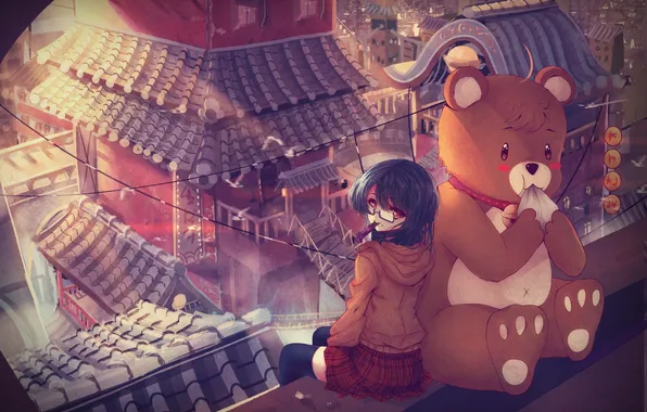 Roof, girl, home, anime, bear, art, glasses, daikazoku63