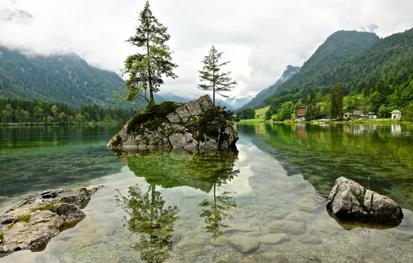 Trees, mountains, lake, stones, rocks, island, home