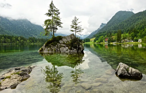 Picture trees, mountains, rock, lake, house, stones, island