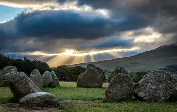 The sky, rays, light, nature, stones