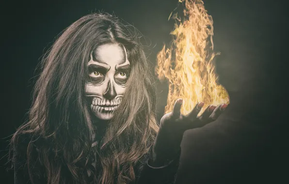 Picture eyes, girl, face, style, fire, flame, hair, skull