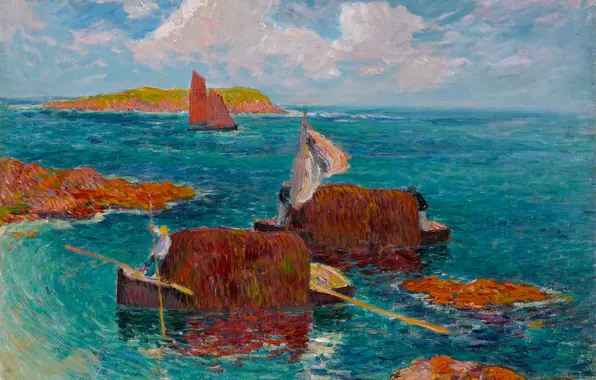 Picture sea, the sky, clouds, stones, rocks, boat, picture, sail