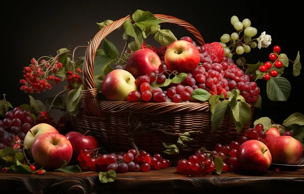The dark background, apples, Board, grapes, fruit, still life, basket, AI art