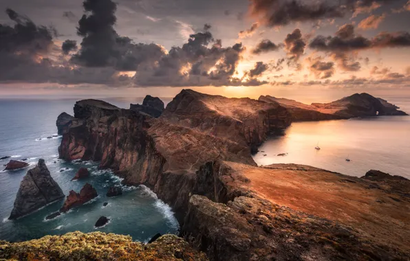 Sea, the sky, sunset, mountains, clouds, rocks, shore, boats