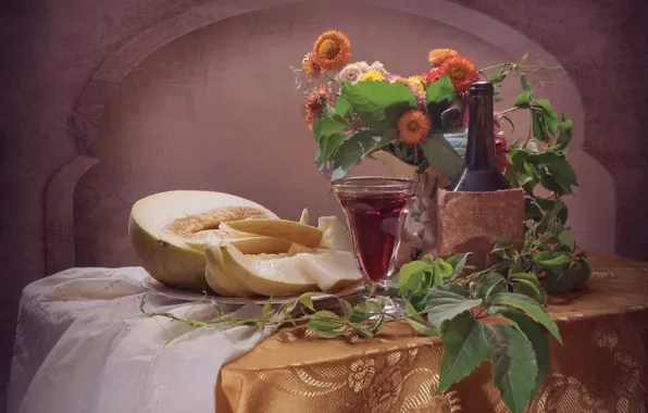Wine, bottle, bouquet, still life, melon